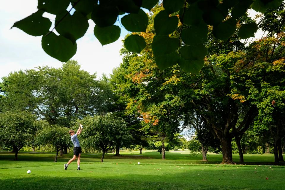 Sep 8, 2023; Carroll, OH, USA; Jack Kaper of Liberty Union tees off on the eighth hole at Pine Hill Golf Course.