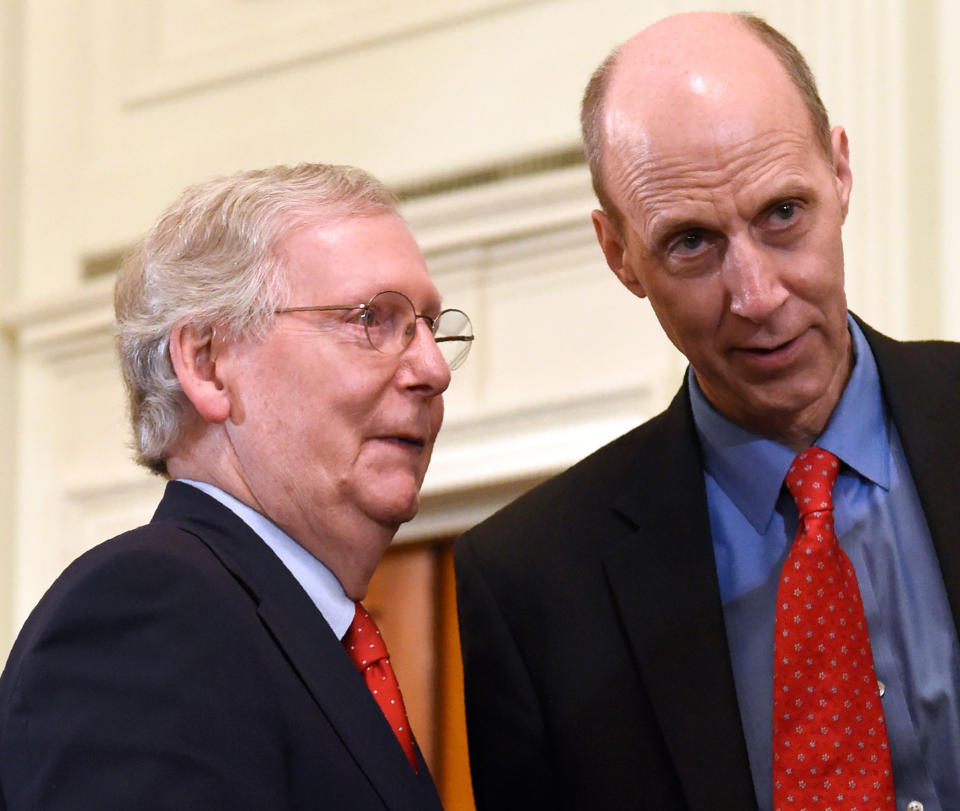 Senate Majority Leader Mitch McConnell, left, with lawyer and former Justice Department official Ed Whelan before the president’s announcement of his Supreme Court nominee on July 9, 2018, in Washington, D.C. (Photo: Saul Loeb/AFP/Getty Images)
