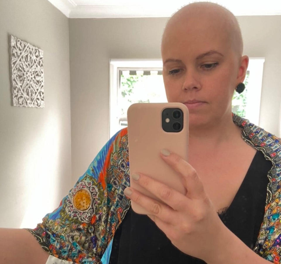 Bec Pene with no hair after breast cancer treatment. Source: Supplied