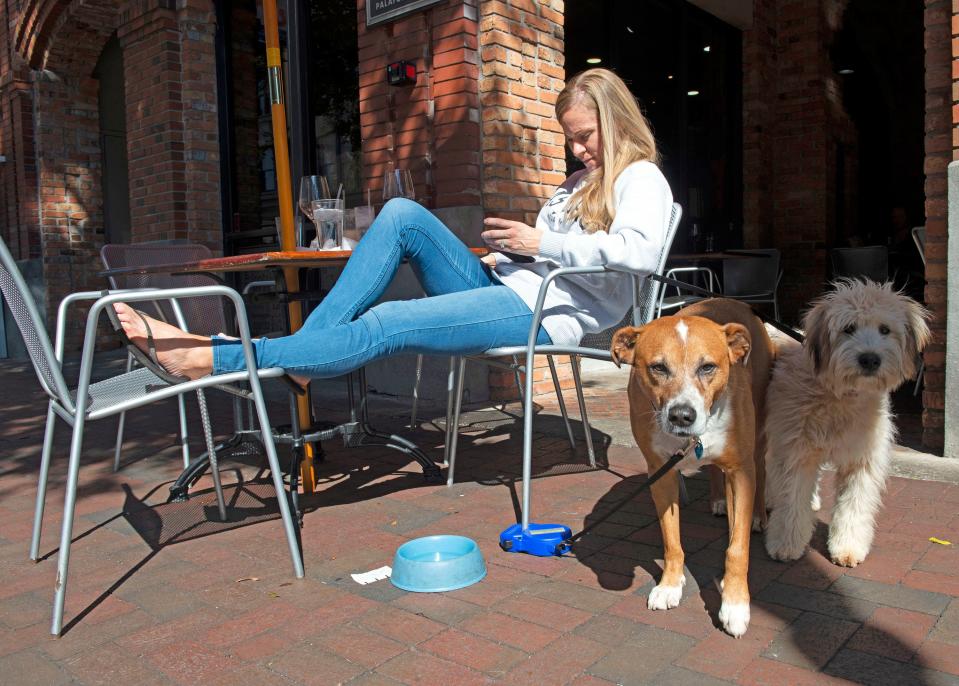 Judy Leeds relaxes with her pets, Bentley and Lucy, at the Wine Bar on Palafox on Friday, Feb. 18, 2022. 