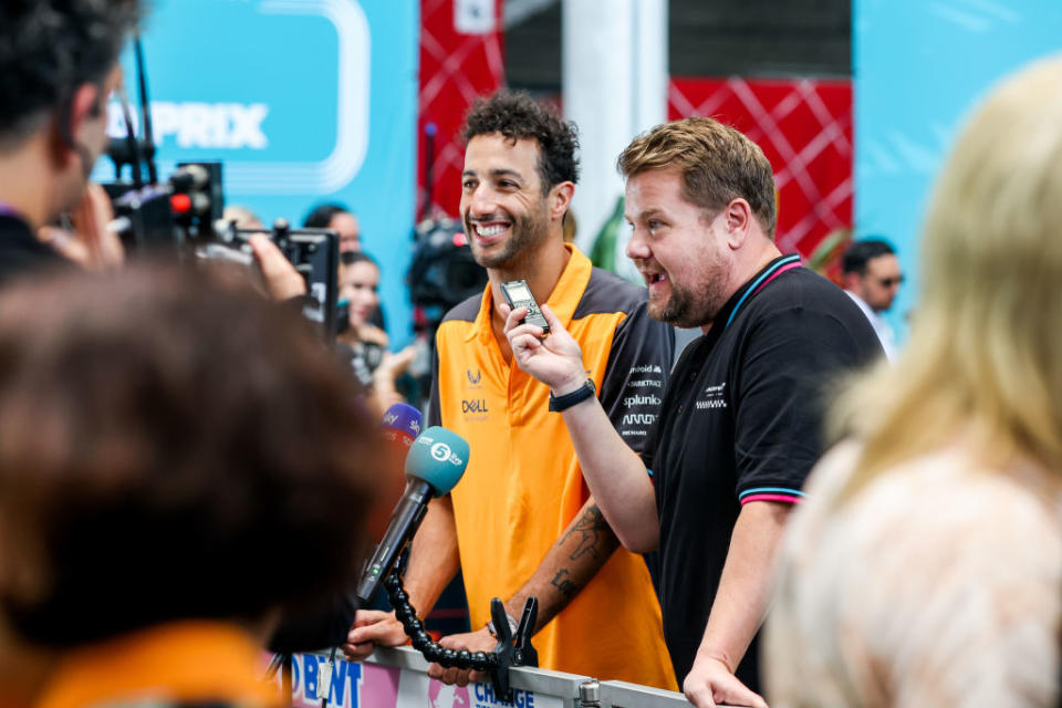 Daniel Ricciardo of Australia and McLaren playing around with James Corden of Great Britain during practice ahead of the F1 Grand Prix of Miami at the Miami International Autodrome on May 06, 2022 in Miami,<span class="copyright">Peter J Fox—Getty Images</span>