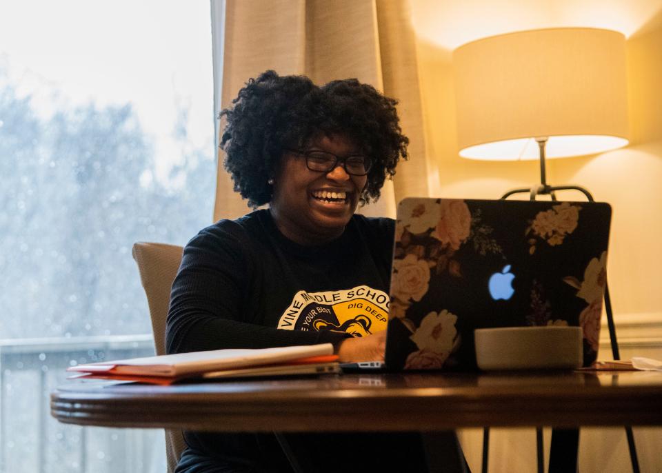 Before accepting an administrator position at Austin-East Magnet High School, Melody Hawkins taught science at Vine Middle Magnet School. Here, she taught physical science to eighth graders on a snow day in Knoxville, Tenn., on Friday, Jan. 8, 2021.