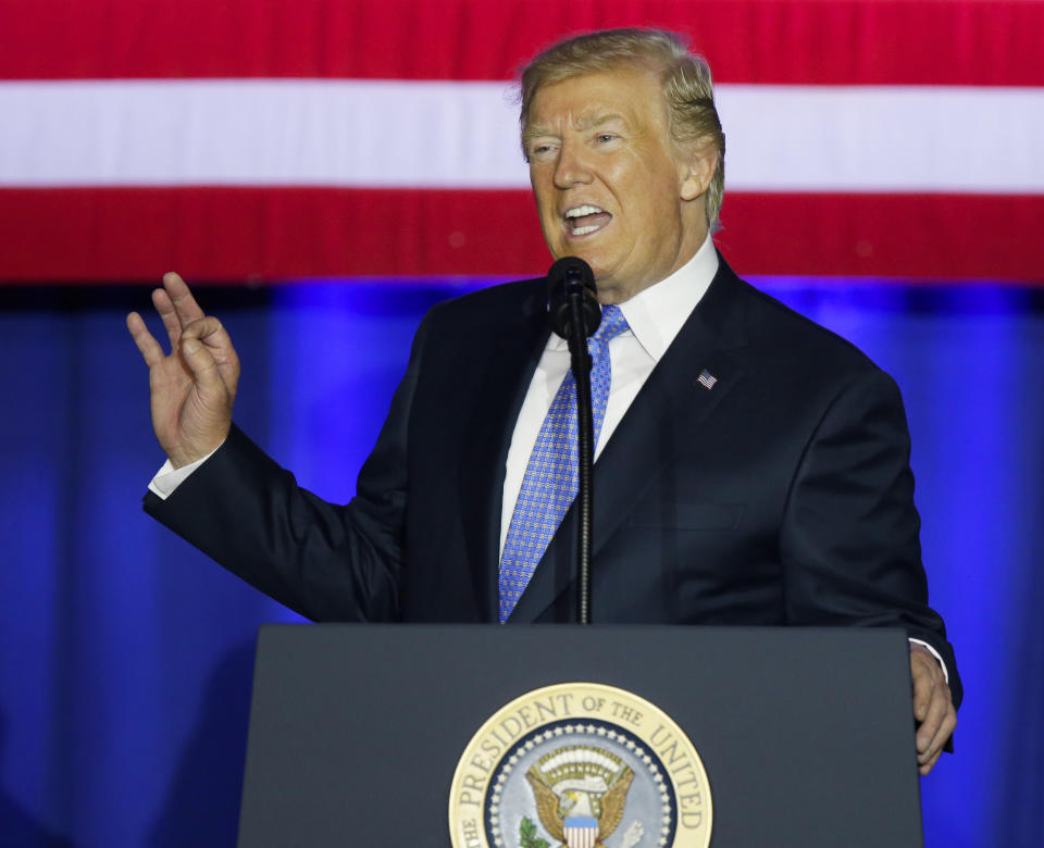 President Donald Trump speaks in Indianapolis, Wednesday, Sept. 27, 2017. Trump is calling the current tax system a “relic” and a “colossal barrier” that’s standing in the way of the nation’s economic comeback. He says that his tax proposal will help middle-class families save money and will eliminate loopholes that benefit the wealthy. (AP Photo/Michael Conroy)