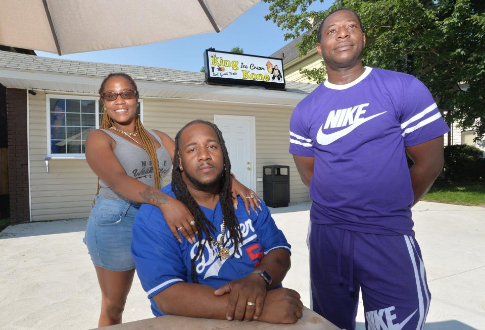 King Kone Ice Cream & Foods owners, from left, Shara McGowan, her husband Anthony McGowan and his brother Marion Smith are shown on July 23, 2021, at the shop near East 22nd and Wayne streets in Erie.