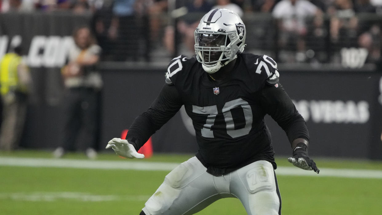 Las Vegas Raiders offensive tackle Alex Leatherwood (70) during the first half of an NFL preseason football game against the Minnesota Vikings,, Sunday, Aug. 14, 2022, in Las Vegas. (AP Photo/Rick Scuteri)