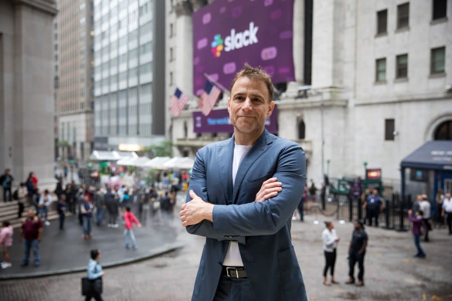 Stewart Butterfield, then-CEO of Slack Technologies, Inc., stands- outside of the New York Stock Exchange during the company’s initial public offering (IPO) on June 20, 2019. (Photo by Michael Nagle / Bloomberg via Getty Images)