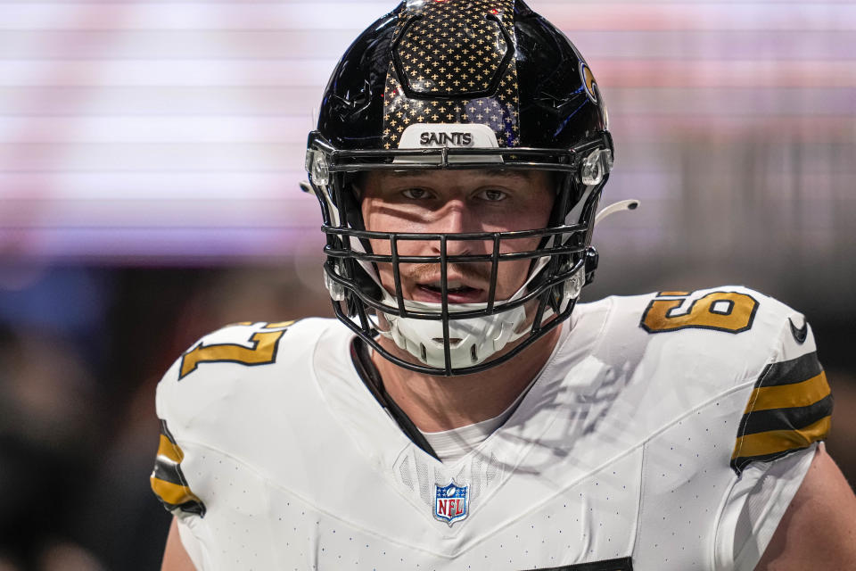 Nov 26, 2023; Atlanta, Georgia, USA; New Orleans Saints offensive tackle Landon Young (67) on the field prior to the game against the Atlanta Falcons at Mercedes-Benz Stadium. Mandatory Credit: Dale Zanine-USA TODAY Sports