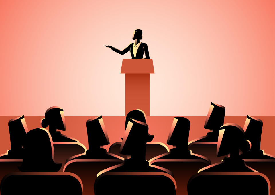 Business concept illustration of businesswoman giving a speech on stage. Audience, seminar, conference theme