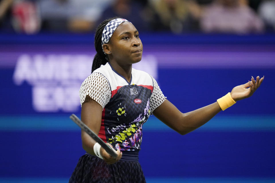 Coco Gauff, of the United States, reacts as she plays Caroline Garcia, of France, during the quarterfinals of the U.S. Open tennis championships, Tuesday, Sept. 6, 2022, in New York. (AP Photo/Charles Krupa)