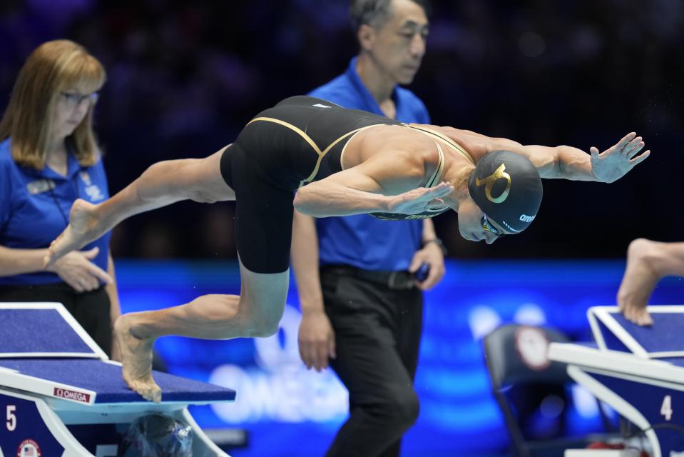 Gabrielle Rose swims during the Women's 100 breaststroke preliminary heat Sunday, June 16, 2024, at the US Swimming Olympic Trials in Indianapolis. (AP Photo/Michael Conroy)