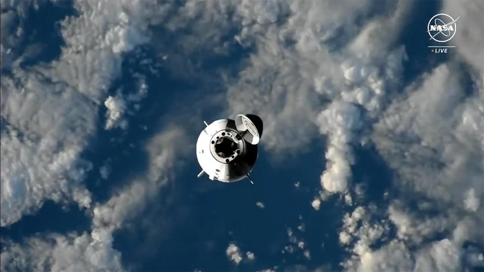 The Crew Dragon Endeavour as seen from the International Space Station as the Crew 8 fliers closed in for docking. / Credit: NASA TV