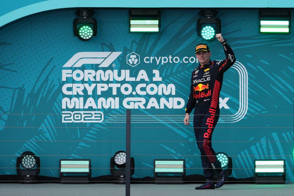 Red Bull driver Max Verstappen (1) of the Netherlands celebrates his victory following Sunday's Miami Grand Prix at Miami International Autodrome.