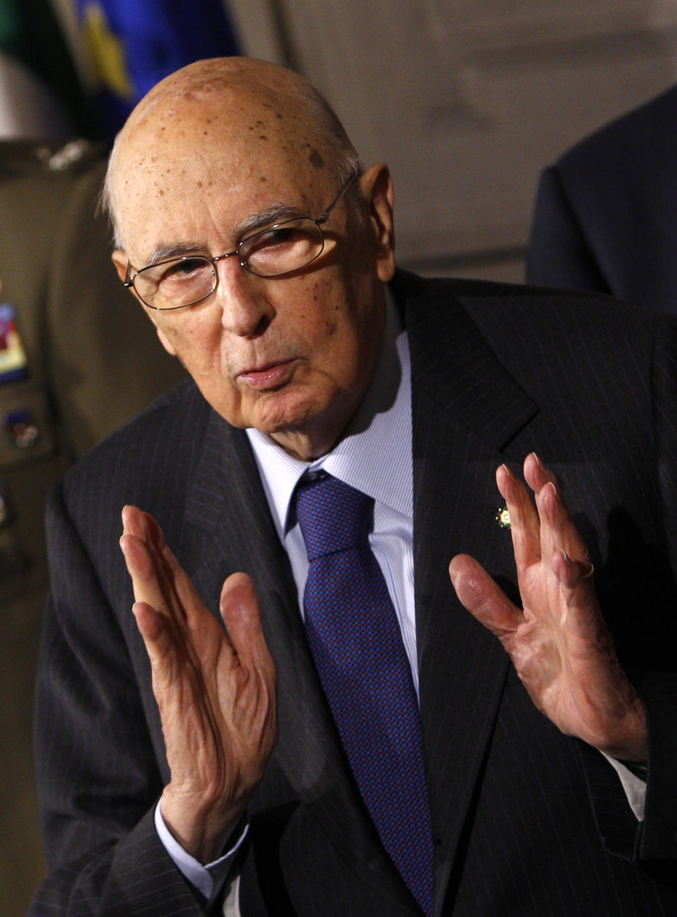 Italian President Giorgio Napolitano talks to journalists after meeting political leaders at the Quirinale presidential palace, in Rome, Saturday, Feb. 15, 2014. Italy's president is consulting with political party leaders to determine if Democratic Party leader Matteo Renzi has enough support to form a new government. (AP Photo/Riccardo De Luca)