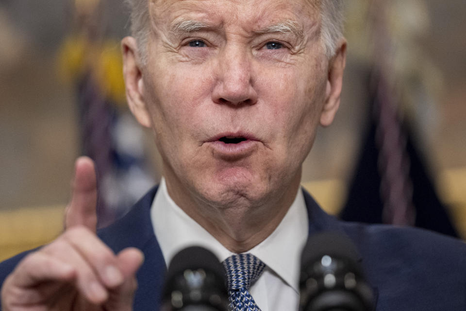 President Joe Biden speaks about the banking system in the Roosevelt Room of the White House in Washington, Monday, March 13, 2023. (AP Photo/Andrew Harnik)