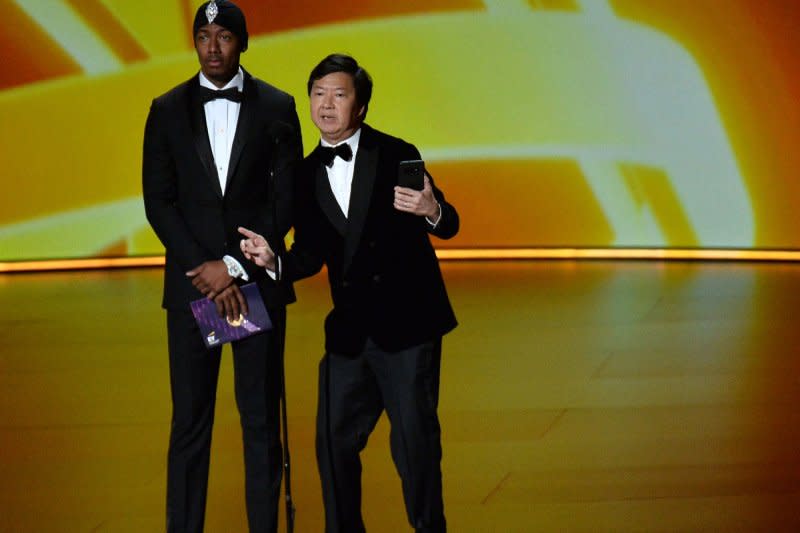 Nick Cannon (L) and Ken Jeong onstage during the 71st annual Primetime Emmy Awards at the Microsoft Theater in downtown Los Angeles in 2019. File Photo by Jim Ruymen/UPI
