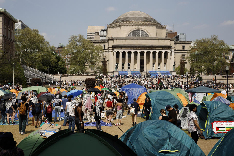 FILE - Student protesters gather inside their encampment on the Columbia University campus, on April 29, 2024, in New York. Israeli Prime Minister Benjamin Netanyahu has repeatedly accused critics of Israel or his policies of antisemitism, including the U.S. college campus protests and the prosecutor of the International Criminal Court. (AP Photo/Stefan Jeremiah, File)