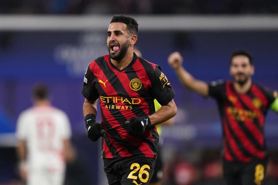 Manchester City’s Riyad Mahrez celebrates scoring in his side’s 1-1 Champions League draw at RB Leipzig (Tim Goode/PA) (PA Wire)