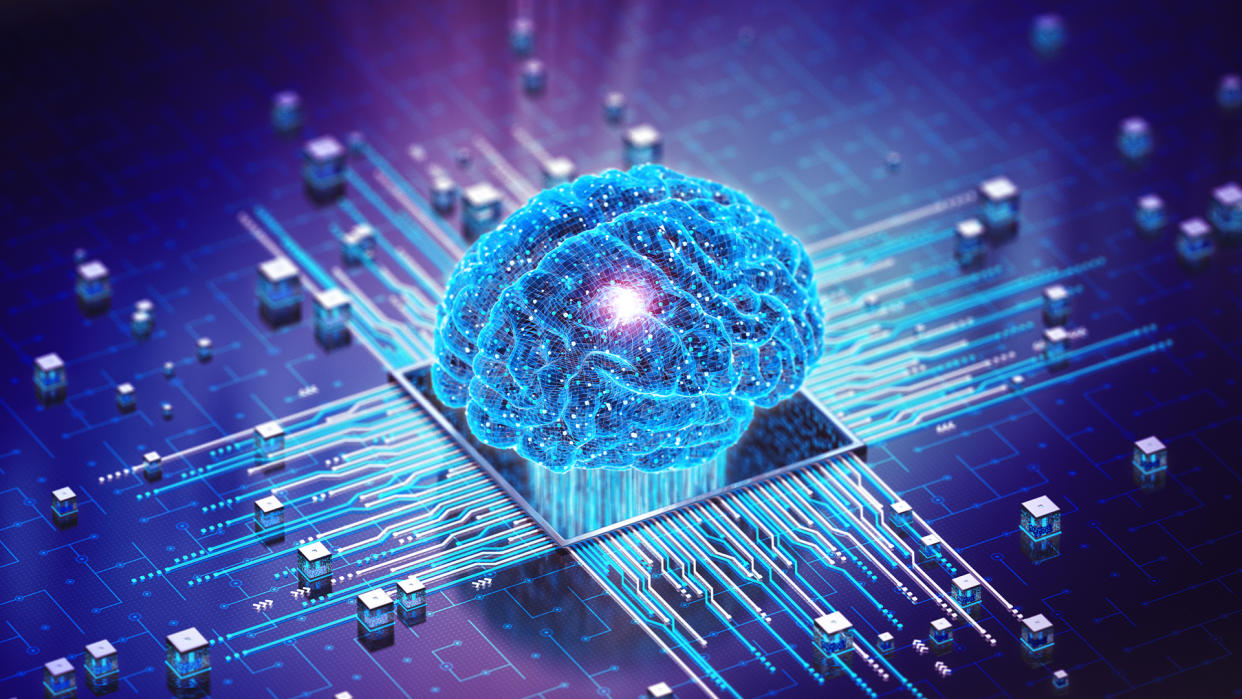  Conceptual illustration shows a glowing human brain on top of a computer harddrive. 