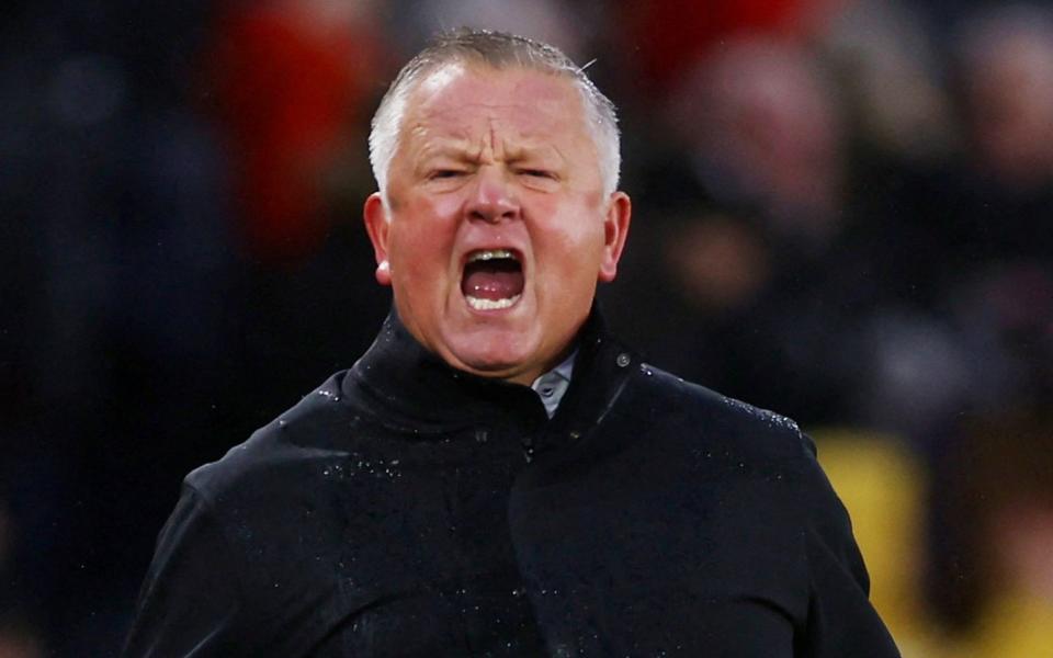 Sheffield United manager Chris Wilder celebrates their first goal, scored by James McAtee