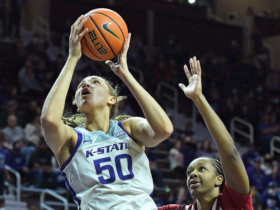 Kansas State center Ayoka Lee (50) scored an NCAA-record 61 points Sunday in a 94-65 win against Oklahoma in Manhattan, Kan.