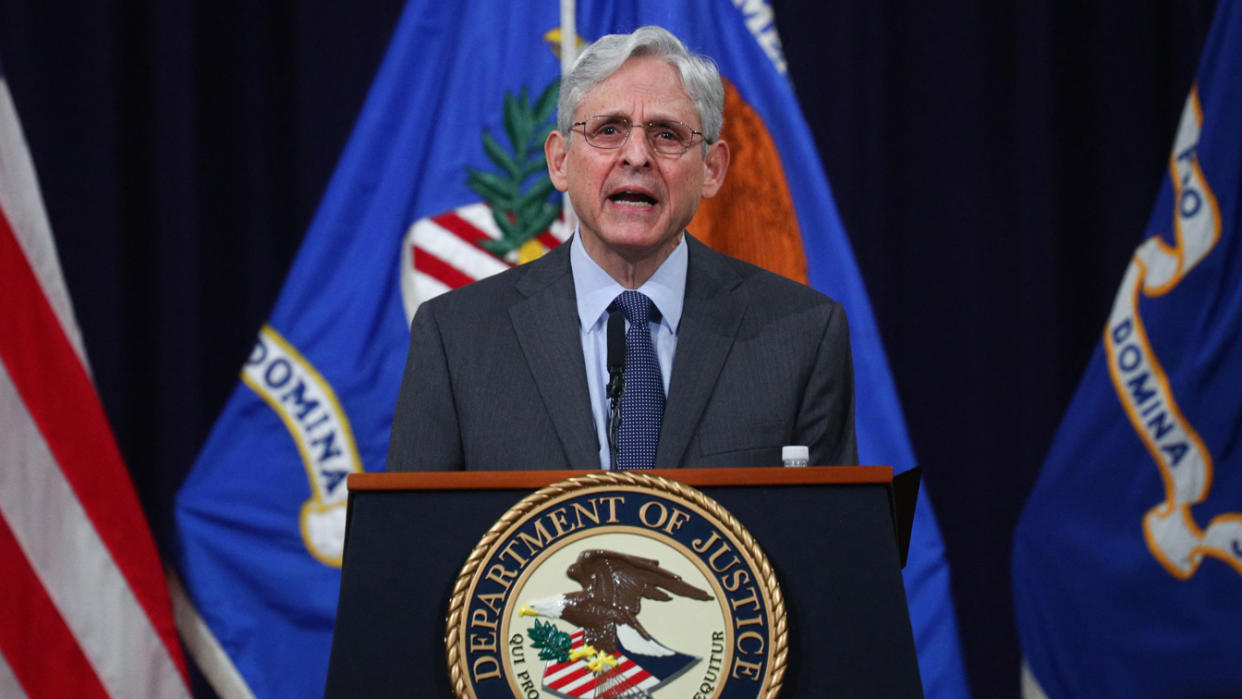 US Attorney General Merrick Garland delivers remarks on voting rights at the US Department of Justice in Washington, DC on June 11, 2021. (Tom Brenner/AFP via Getty Images)