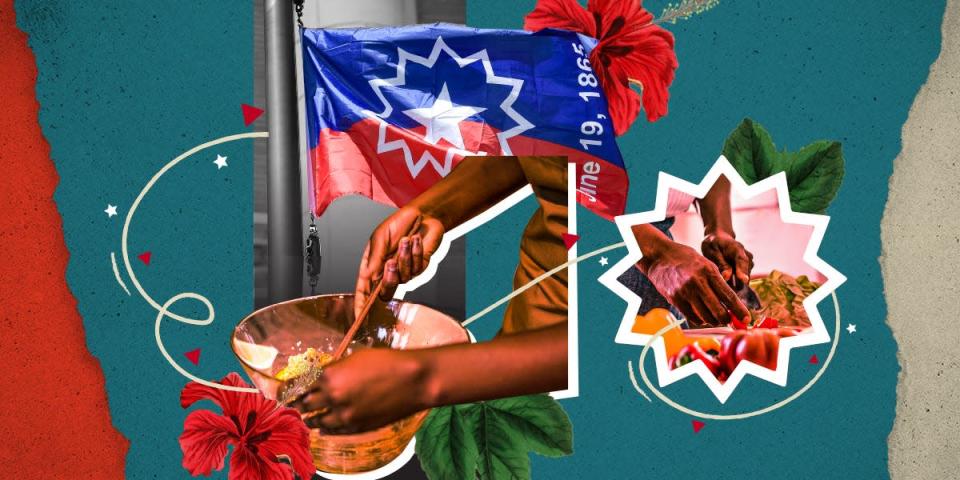 Photo Collage on the significance of the foods served during Juneteenth, featuring the Juneteenth Flag, hands preparing food, and hibiscus flowers