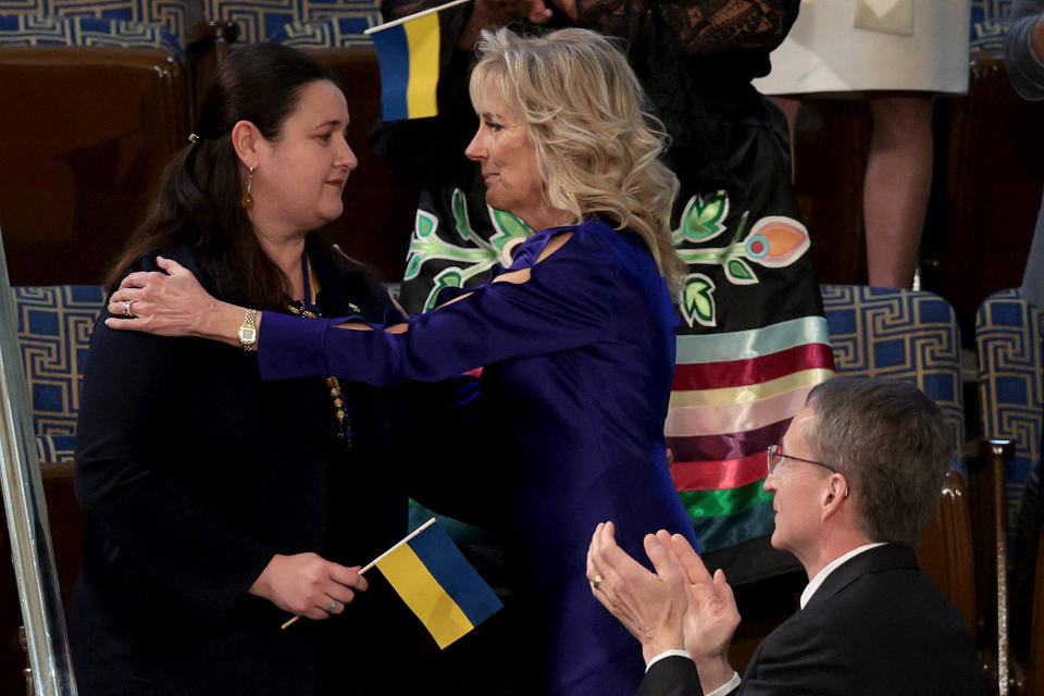 Pictured is Ukrainian Ambassador to the U.S. Oksana Markarova (left) with first lady Jill Biden in the House gallery for the state of the union