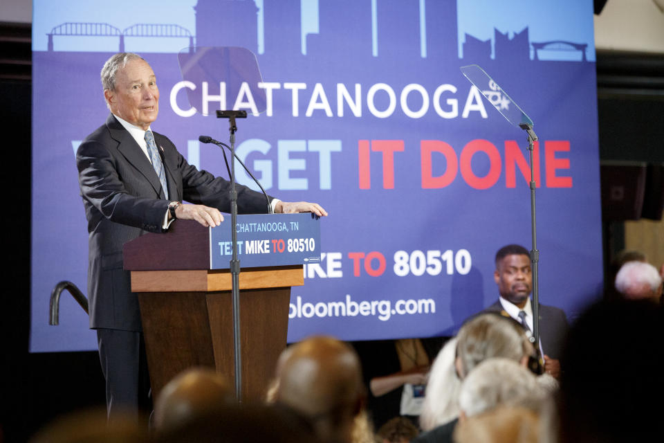 Democratic presidential candidate Mike Bloomberg speaks during a rally at the Bessie Smith Cultural Center on Wednesday, Feb. 12, 2020 in Chattanooga, Tenn.(C.B. Schmelter /Chattanooga Times Free Press via AP)