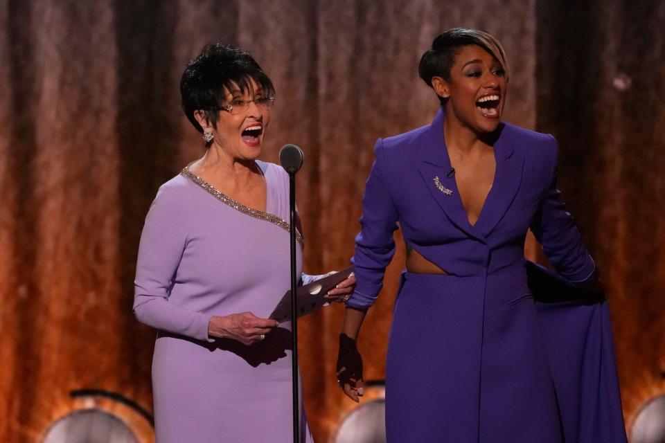 Chita Rivera, left, and Ariana DeBose present the award for best musical at the 2022 Tony Awards in July.