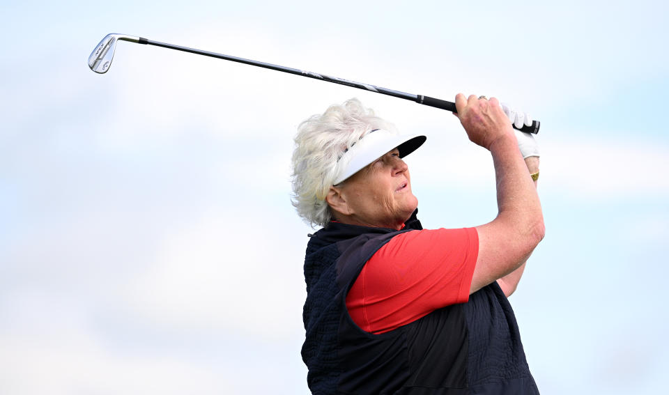 Laura Davies plays their shot during the first round of the Women’s Scottish Open presented by Trust Golf at Dundonald Links Golf Course on August 03, 2023 in Troon, Scotland. (Photo by Octavio Passos/Getty Images)