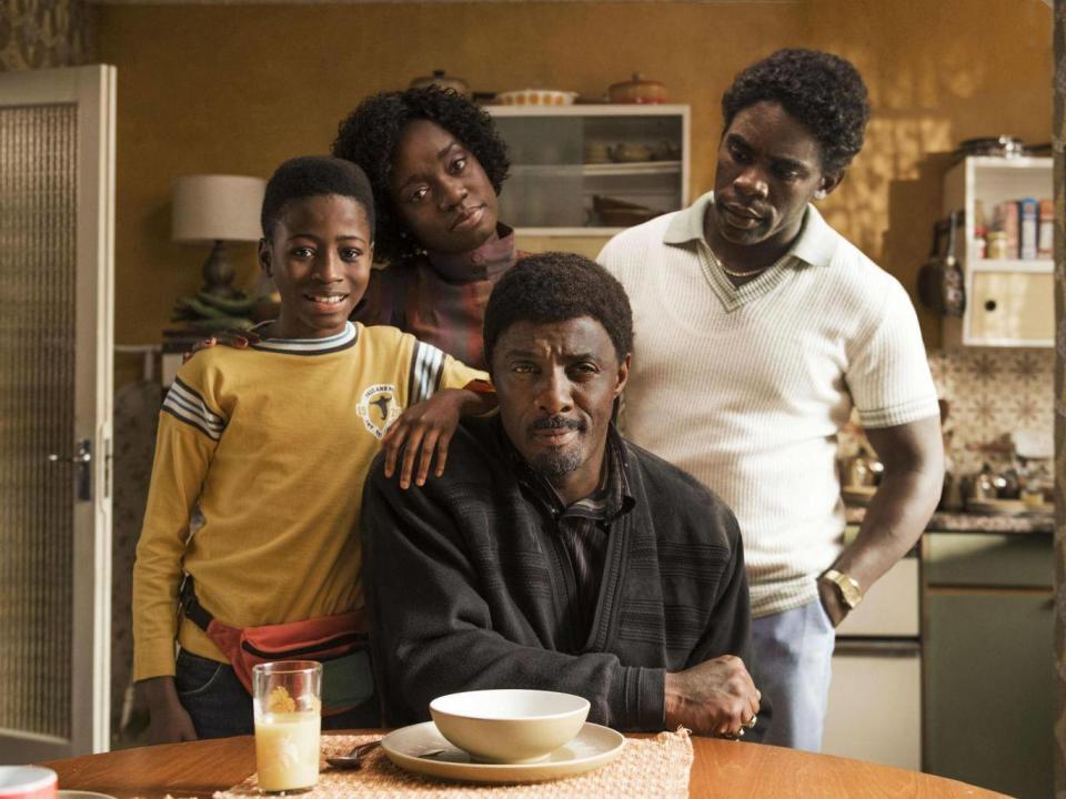 Elba with (from left) Sammy Kamara, Madeline Appiah and Jimmy Akingbola, in his sitcom ‘In the Long Run’, following the Easmon family, originally from Sierra Leone and now living in London (Sky UK)