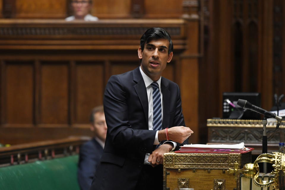 Britain's Chancellor of the Exchequer Rishi Sunak speaks at the House of Commons in London