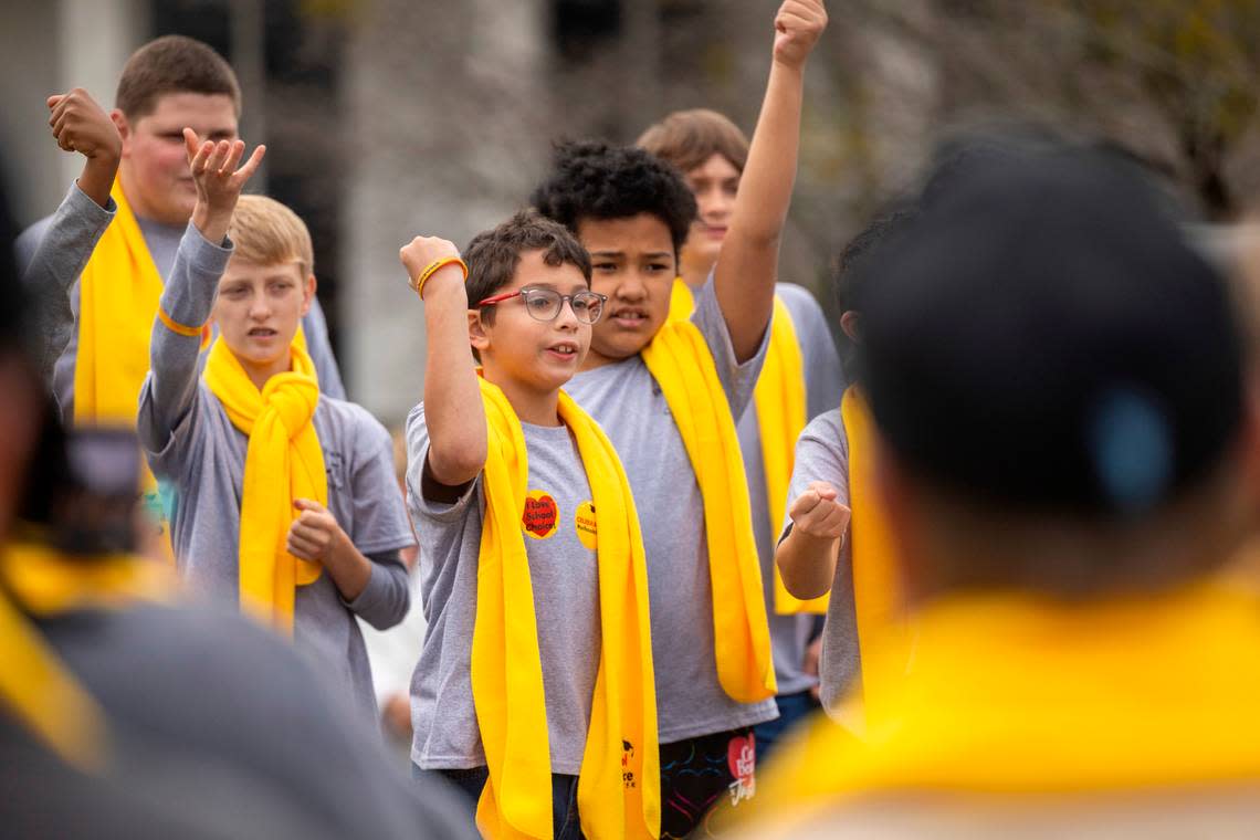 Students from Fayetteville’s School of Hope perform during a rally celebrating National School Choice Week on Halifax Mall in front of the Legislative Building in Raleigh on Wednesday, Jan. 24, 2024. North Carolina could see a 60% increase this year in the number of students receiving a private school voucher now that income limits for families have been removed.