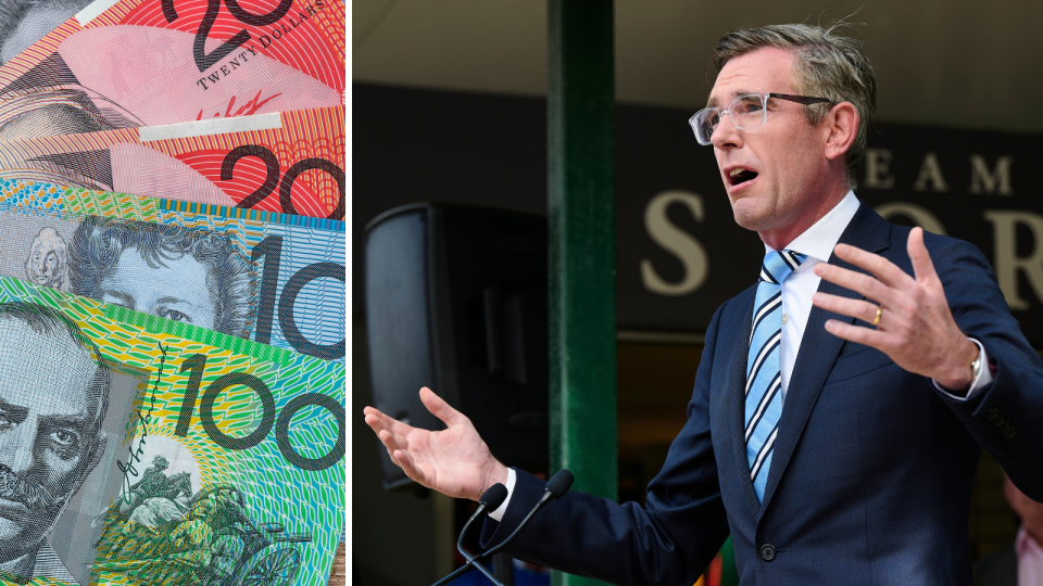 A composite image of Australian money and NSW Premier Dominic Perrottet.