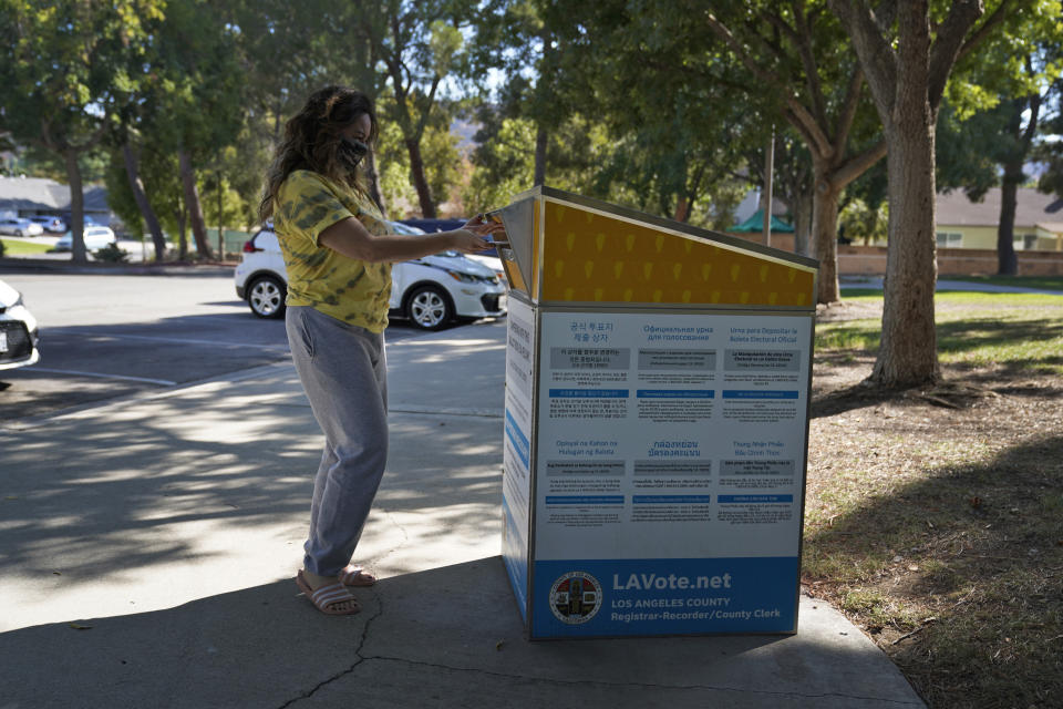 An official ballot drop box is seen Wednesday, Oct. 14, 2020, in Santa Clarita, Calif. (AP Photo/Marcio Jose Sanchez)