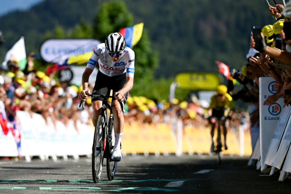 GRAND COLOMBIER FRANCE  JULY 14 Tadej Pogacar of Slovenia and UAE Team Emirates  White Best Young Rider Jersey crosses the finish line during the stage thirteen of the 110th Tour de France 2023 a 1378km stage from ChtillonSurChalaronne to Grand Colombier 1501m  UCIWT  on July 14 2023 in Grand Colombier France Photo by Tim de WaeleGetty Images