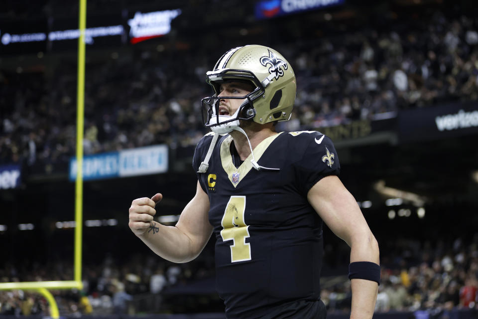 New Orleans Saints quarterback Derek Carr (4) reacts after a play during an NFL football game against the Atlanta Falcons, Sunday, Jan. 7, 2024, in New Orleans. (AP Photo/Tyler Kaufman)