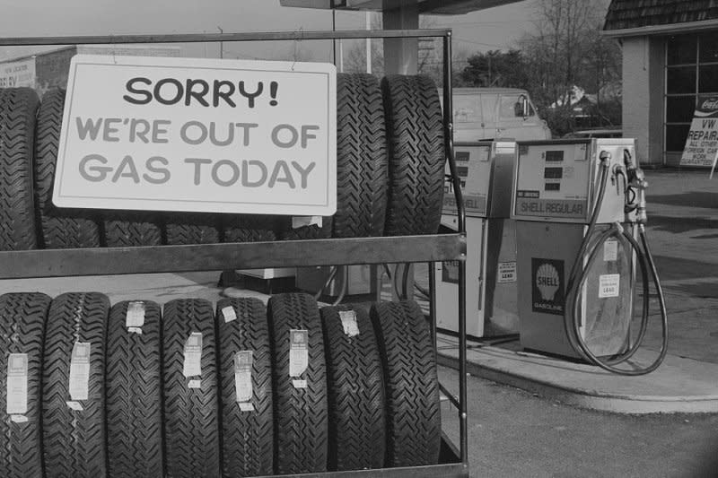 A gas station sign tells customers it's out of gas on January 29, 1974, amid an energy crisis. On October 17, 1973, the Organization of Arab Petroleum Exporting Countries declared an oil embargo on countries supporting Israel in its war with Egypt, Syria and Jordan. File Photo by Warren K. Leffler/U.S. Library of Congress