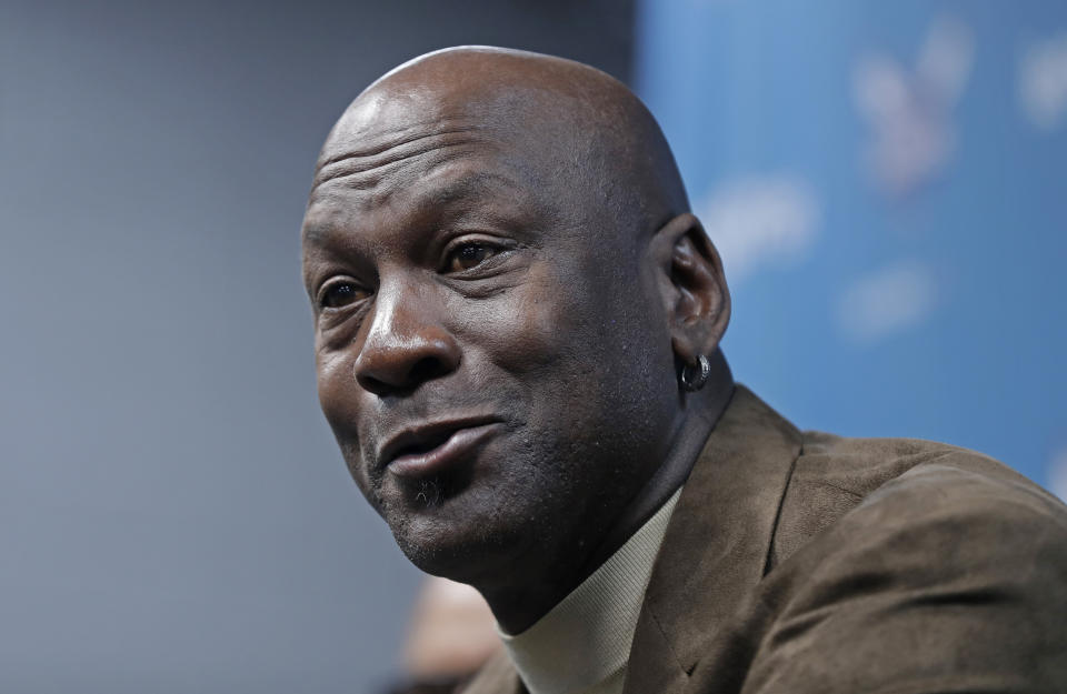 Charlotte Hornets owner Michael Jordan speaks to the media about hosting the NBA All-Star basketball game during a news conference in Charlotte, N.C., Tuesday, Feb. 12, 2019. (AP Photo/Chuck Burton)