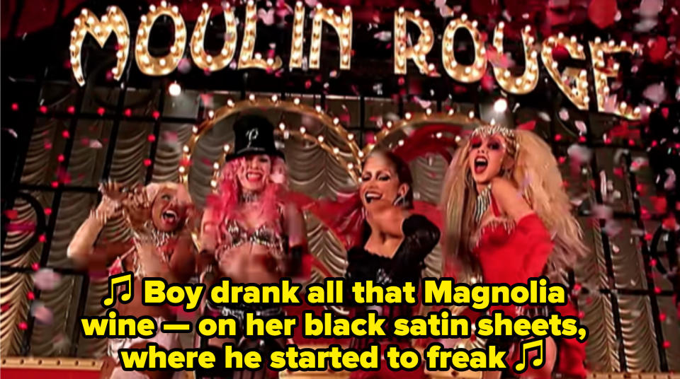 Pink singing: "Boy drank all that Magnolia wine — on her black satin sheets, where he started to freak"