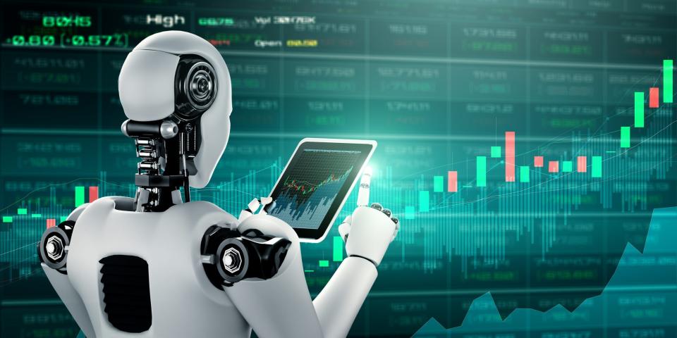 A 3D illustration of future financial technology controlled by AI robot using machine learning and artificial intelligence to analyze business data and give advice on investment and trading decisions.