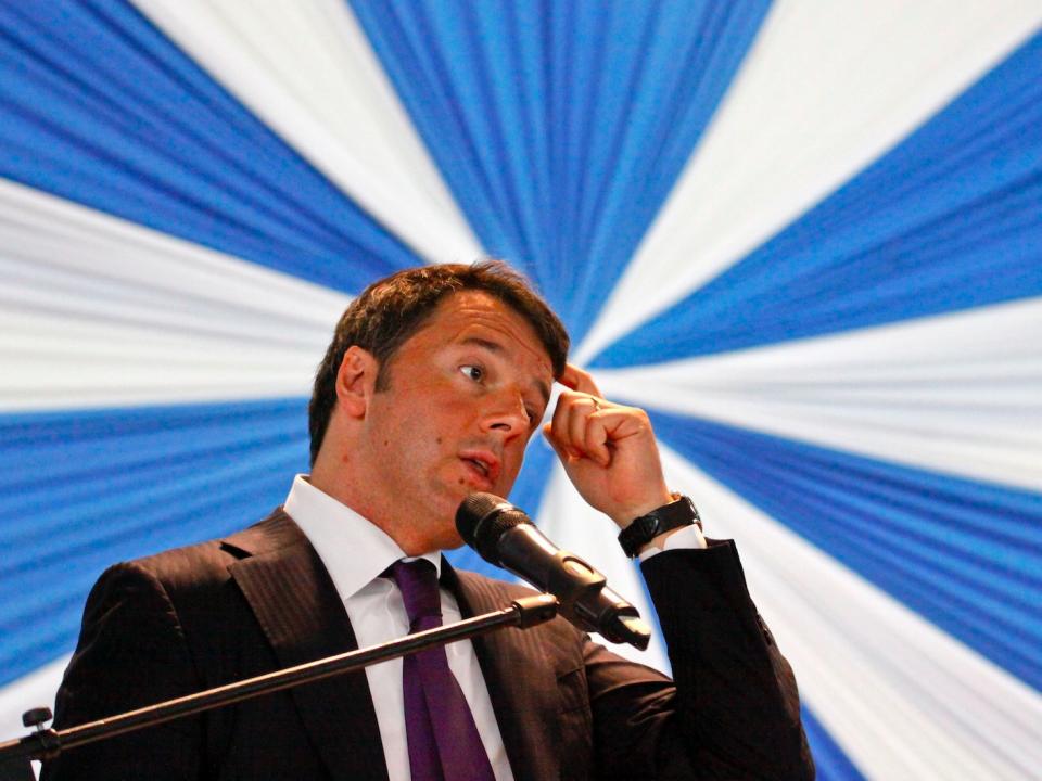 Italy's Prime Minister Matteo Renzi gestures as he gives a public lecture at the University of Nairobi in Kenya Wednesday, July 15, 2015. Renzi is on an official visit to Kenya and also met with Kenya's President Uhuru Kenyatta. (i)