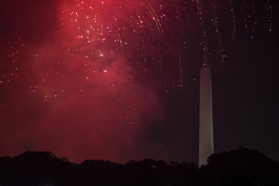 <p>Smoke and sparks from Independence Day celebration fireworks around the Washington Monument along the National Mall in Washington, on July 4, 2017. (Samuel Corum/Anadolu Agency/Getty Images) </p>