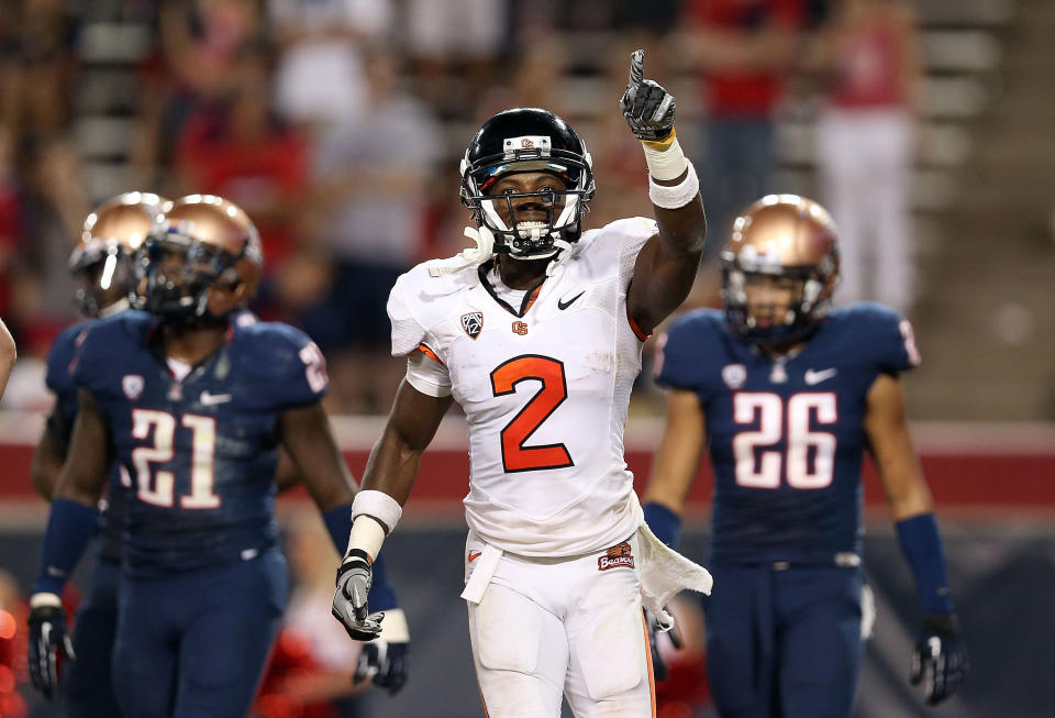 Wide receiver Markus Wheaton #2 of the Oregon State Beavers celebrates after scoring on a 20 yard touchdown reception against the Arizona Wildcats during the fourth quarter of the college football game at Arizona Stadium on September 29, 2012 in Tucson, Arizona. The Beavers defeated the Wildcats 38-35. (Photo by Christian Petersen/Getty Images)