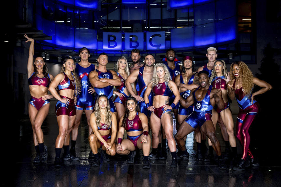 Gladiators ,LR: Comet, Fury, Apollo, Dynamite, Legend, Diamond, Athena, Giant, Apollo, Sabre, Phantom, Viper, Nitro, Bionic, Electro, Fire ,Coming soon... Gladiators head to BBC HQ for to announce the shows return to screens.  , BBC, Guy Levy