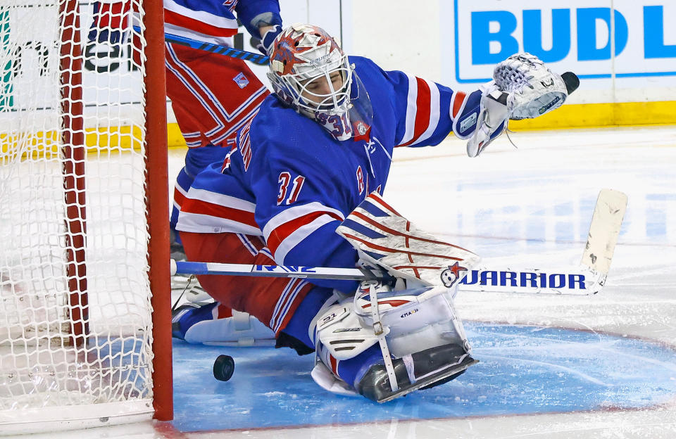 NEW YORK, NEW YORK - OCTOBER 05: Igor Shesterkin #31 of the New York Rangers skates against the Boston Bruins at Madison Square Garden on October 05, 2023 in New York City. (Photo by Bruce Bennett/Getty Images)