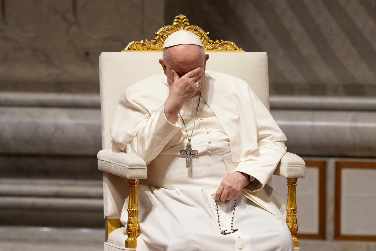 Pope Francis gestures as he leads a prayer for peace inside St Peter’s Basilica (AP Photo/Andrew Medichini)