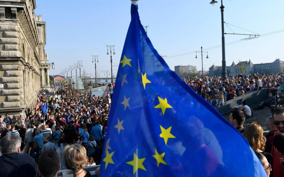 Protestors walk during a rally, organized by the Freedom for Education movement, against a new law that threatens the CEU. (April 2) - Credit: MTI