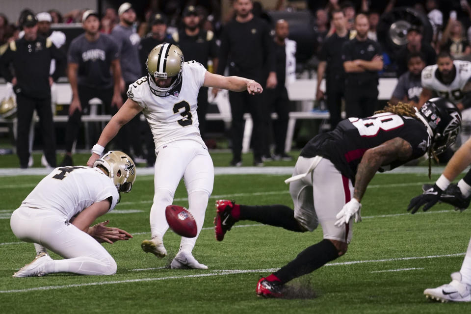 during the second half of an NFL football game, Sunday, Sept. 11, 2022, in Atlanta. The New Orleans Saints won 27-26. (AP Photo/John Bazemore)