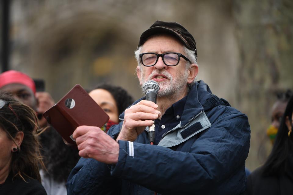 Former Labour party leader Jeremy Corbyn speaks at a 'Kill the Bill' protest in London (EPA)